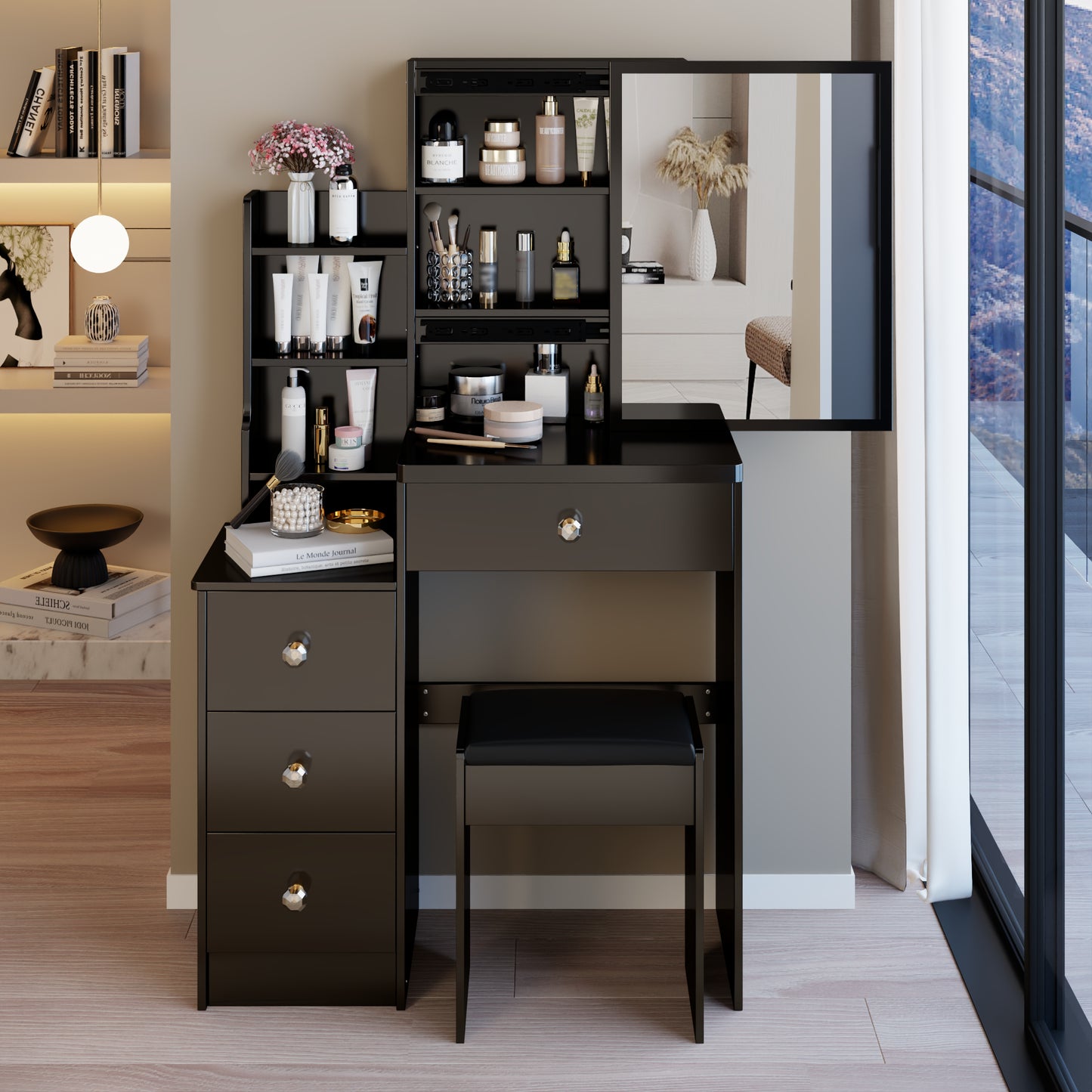 29.2 Small Space Left Bedside Cabinet Vanity Table  Cushioned Stool, Extra Large Right Sliding Mirror, Multi Layer High Capacity Storage, Practical Fashionable Dresser, Suitable For Small Space
