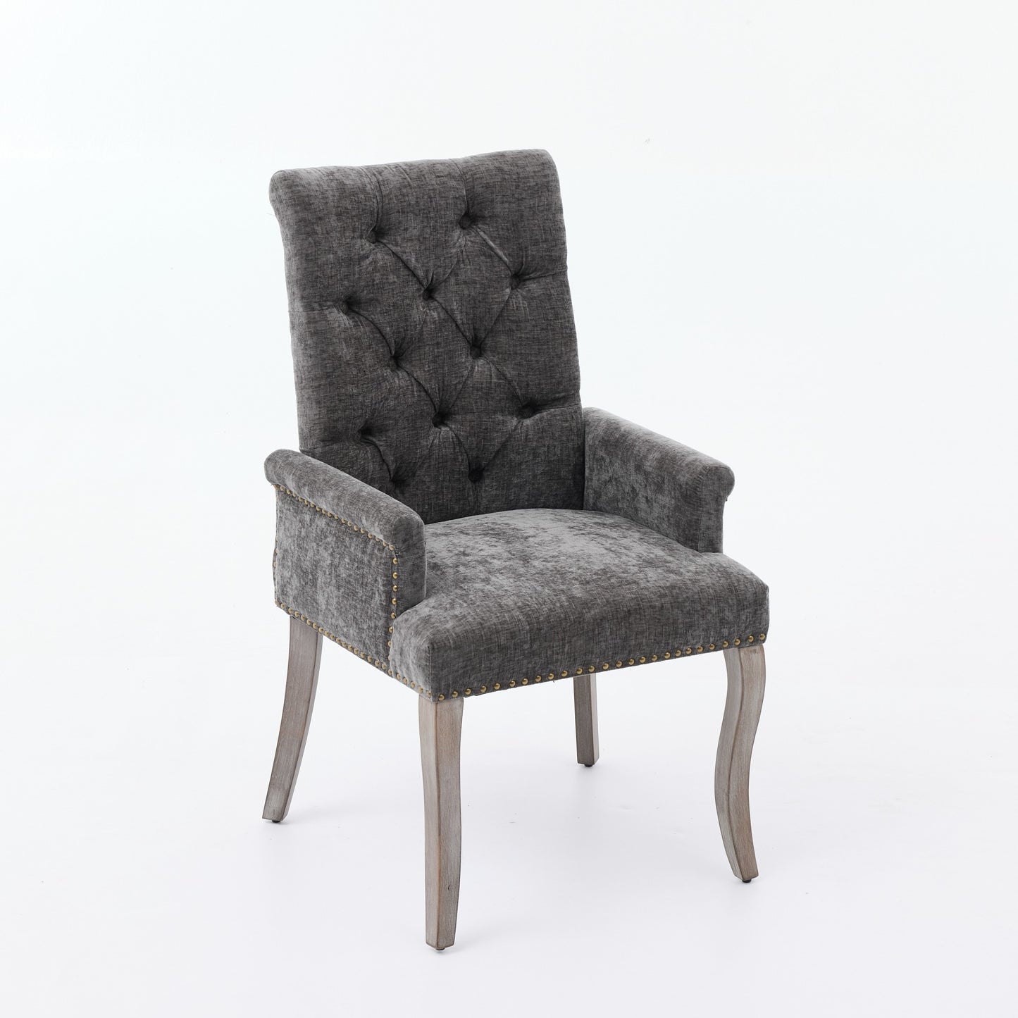 Upholstered Chenille Fabric Accent Dining Chair, Curved Solid Wood Legs, Elegant Tufted Club Dining Room Kitchen Room Arm Dining Chair, Single Pack,Gray,SW1895GY