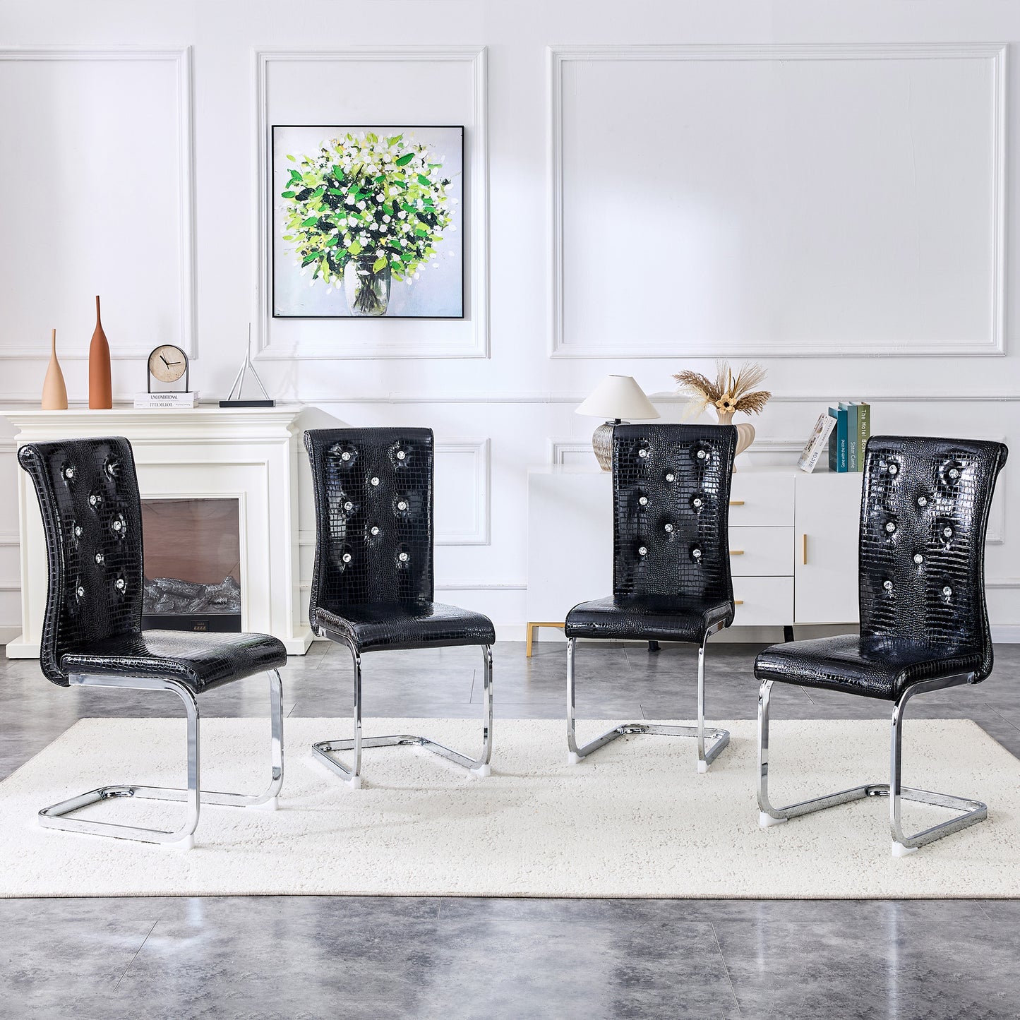 Set Of 4,Retro Alligator Skin Upholstered Dining Chairs,with Crystal Buckle Design And Faux Leather Design,a Touch Of Elegance And Mystery To The Dining Area,Electroplated Metal Bow Leg