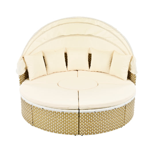 TOPMAX Patio Furniture Round Outdoor Sectional Sofa Set Rattan Daybed Two-Tone Weave Sunbed With Retractable Canopy, Separate Seating And Removable Cushion, Beige