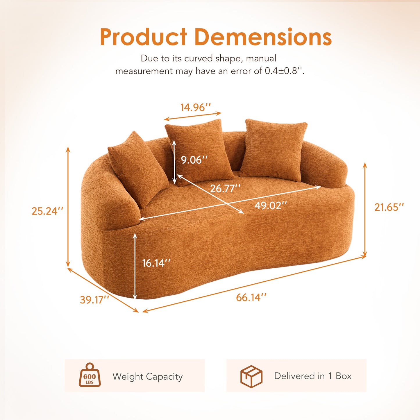 LY-025S Curved Loveseat Orange Full Compression Sponge Sofa  30D Chenille No-Assembly Compact Sofa For Small Spaces & Apartments  65L  300 Lbs  3 Pillows