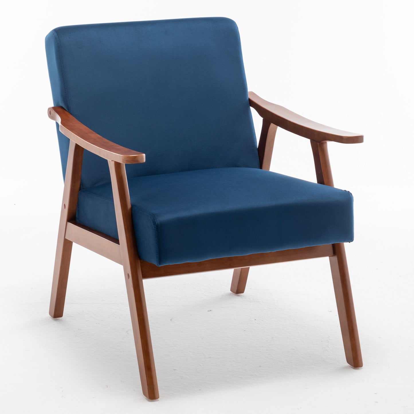 Accent Chair With Velvet Upholstery And Solid Wood Frame, Classic Mid-Century Modern Living Room Furniture For Extra Seating, Dark Blue