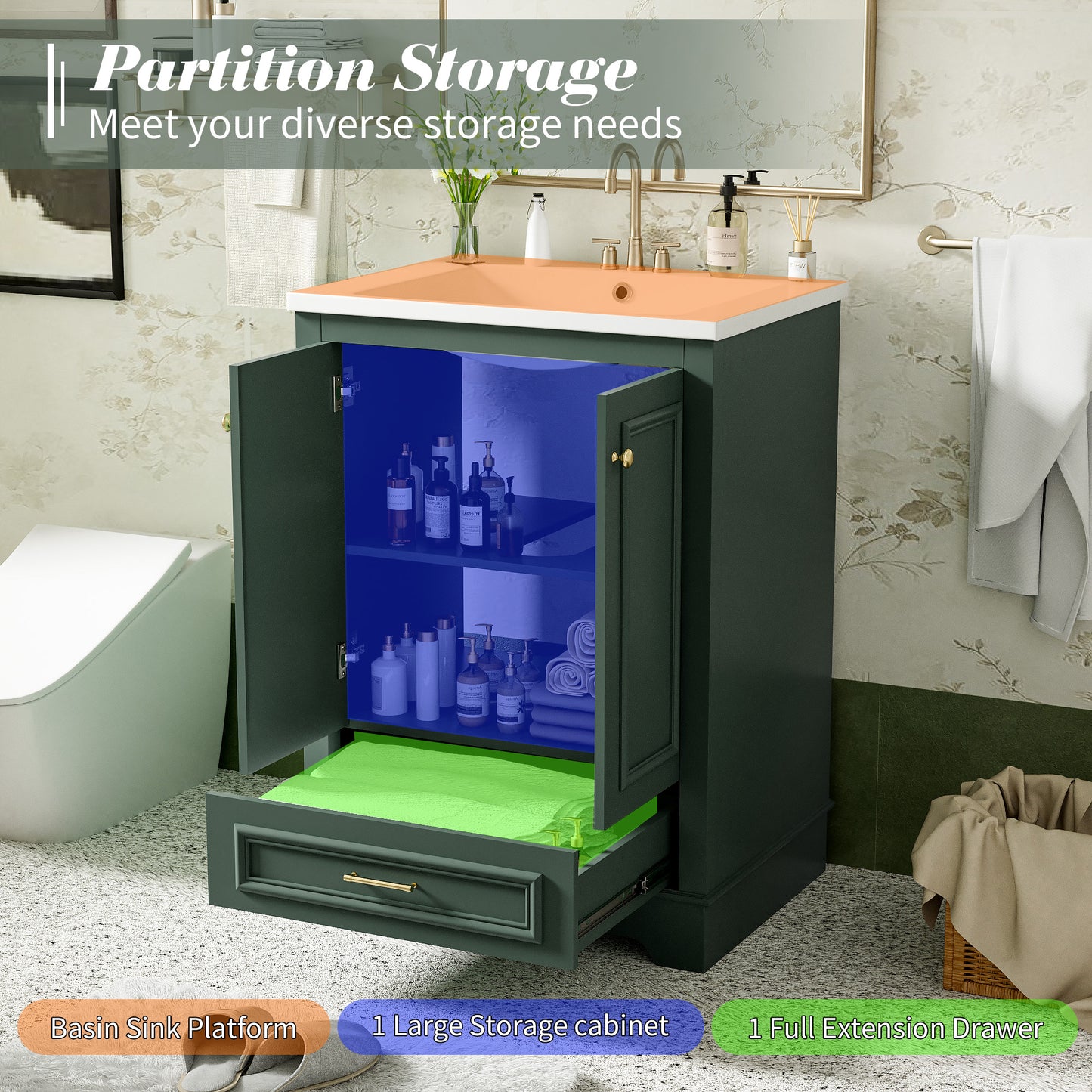 24'' Bathroom Vanity With Ceramic Sink Combo, Modern Freestanding Storage Cabinet  With Silver Handles,  Soft Closing Doors
