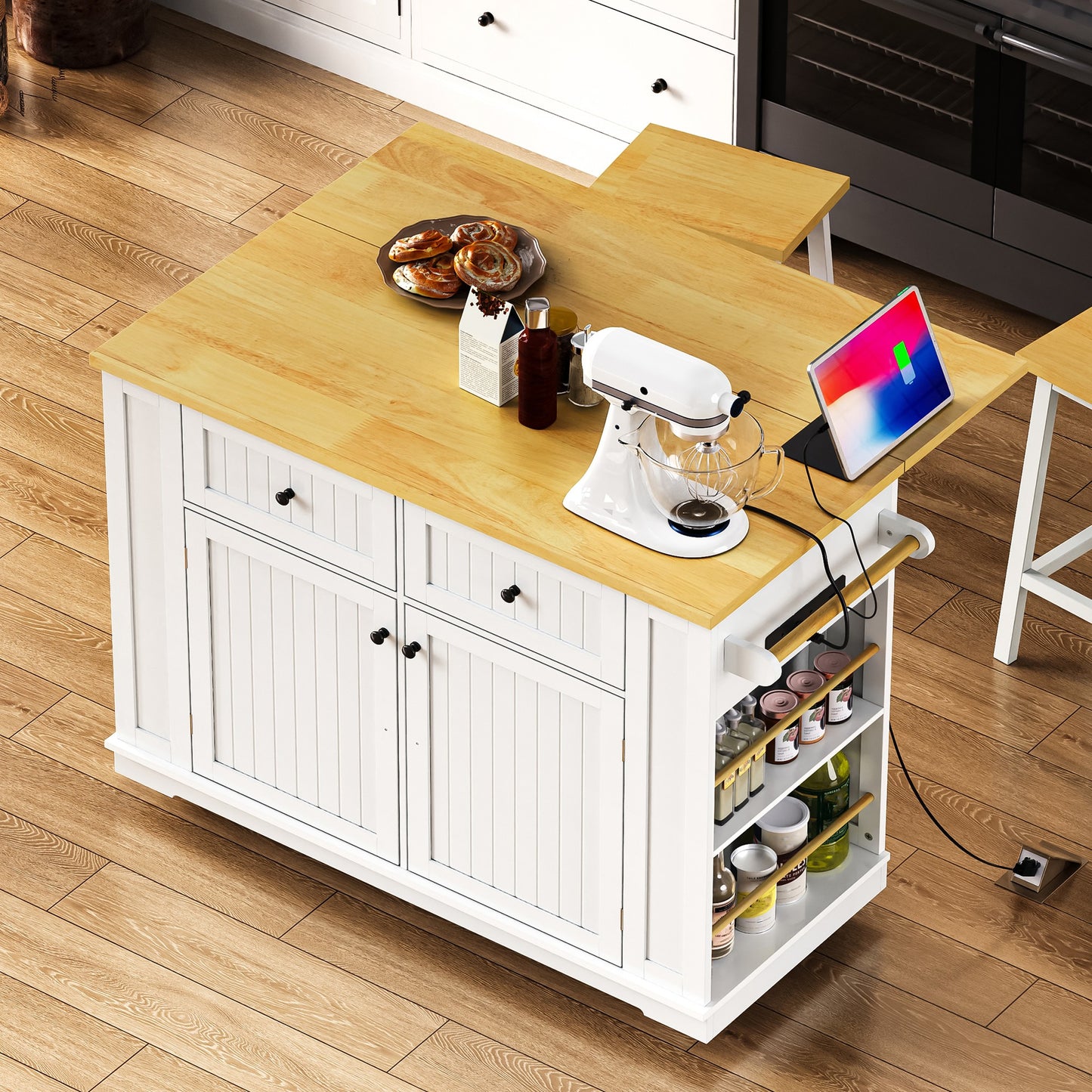 48inch Kitchen Island With 2 Bar Stools, Power Outlet, Door Internal Storage Rack, Kitchen Storage Cart On 5 Wheels With Drop Leaf, 5 Side Racks, 2 Drawers,White  Old SKU N707S000015W  Three Packages