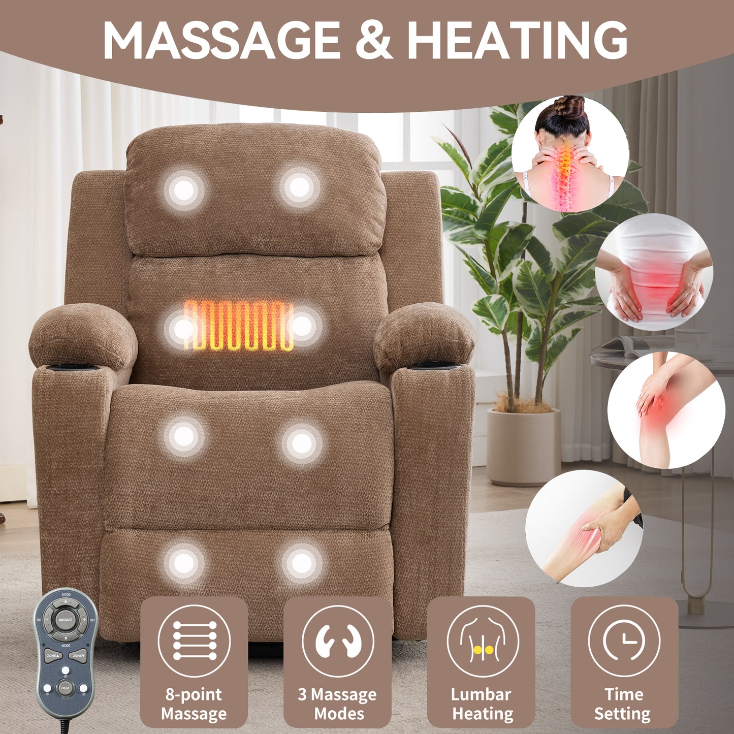 Up To 350 LBS Chenille Power Lift Recliner Chair, Heavy Duty Motion Mechanism With 8-Point Vibration Massage And Lumbar Heating, Stainless Steel Cup Holders, Brown