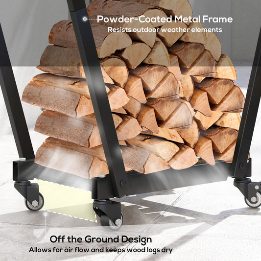 Firewood Rack With Wheels, Metal Log Holder With Kindling And Tool Hooks, Indoor/Outdoor, 31.1" X 11.8" X 31.9", Black
