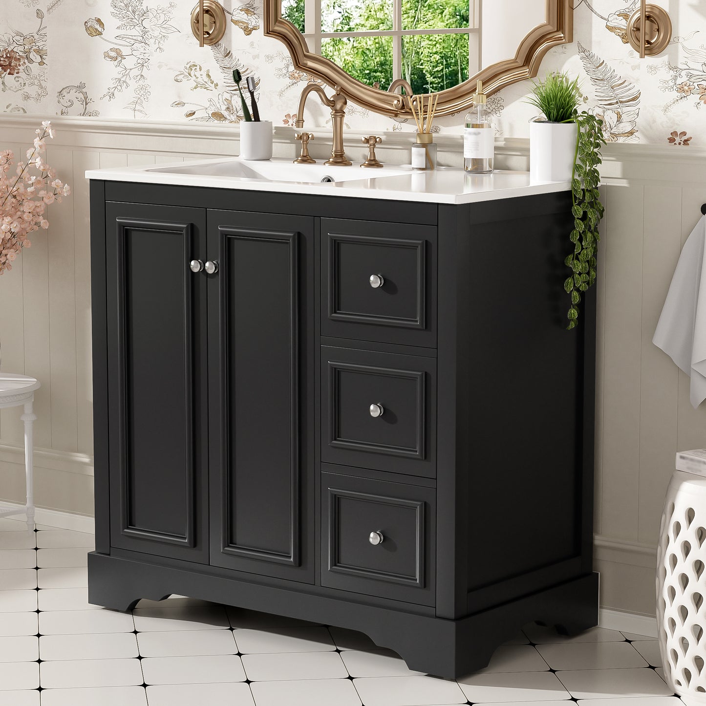 36'' Transitional Bathroom Vanity With Ceramic Sink -Features 2 Soft-close Doors, An Adjustable U-shaped Shelf, 3 Drawers  Including One With Divider , Painted Finish, And Ample Storage Space