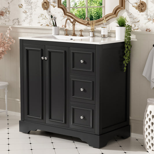 36'' Transitional Bathroom Vanity With Ceramic Sink -Features 2 Soft-close Doors, An Adjustable U-shaped Shelf, 3 Drawers  Including One With Divider , Painted Finish, And Ample Storage Space