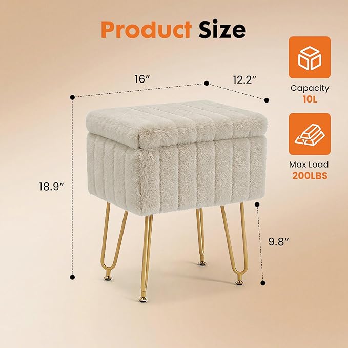 A Luxurious Seating Chair With Storage Function, A Small Oval Leather Imitation-fur Soft Cushioned Footstool, Equipped With 4 Metal Legs