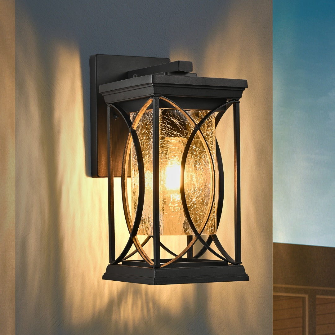 14in H 1-pack Black Outdoor Wall Lantern With Crackled Glass, Weather-Resistant Exterior Light Fixture For Porch, Patio, And Entryway, Modern Decorative Wall Sconce With E26 Base  Bulb Not Included
