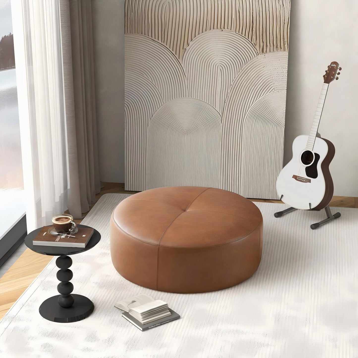 Rochelin Tan Leather Ottoman 36     Floor Footrest Cushion