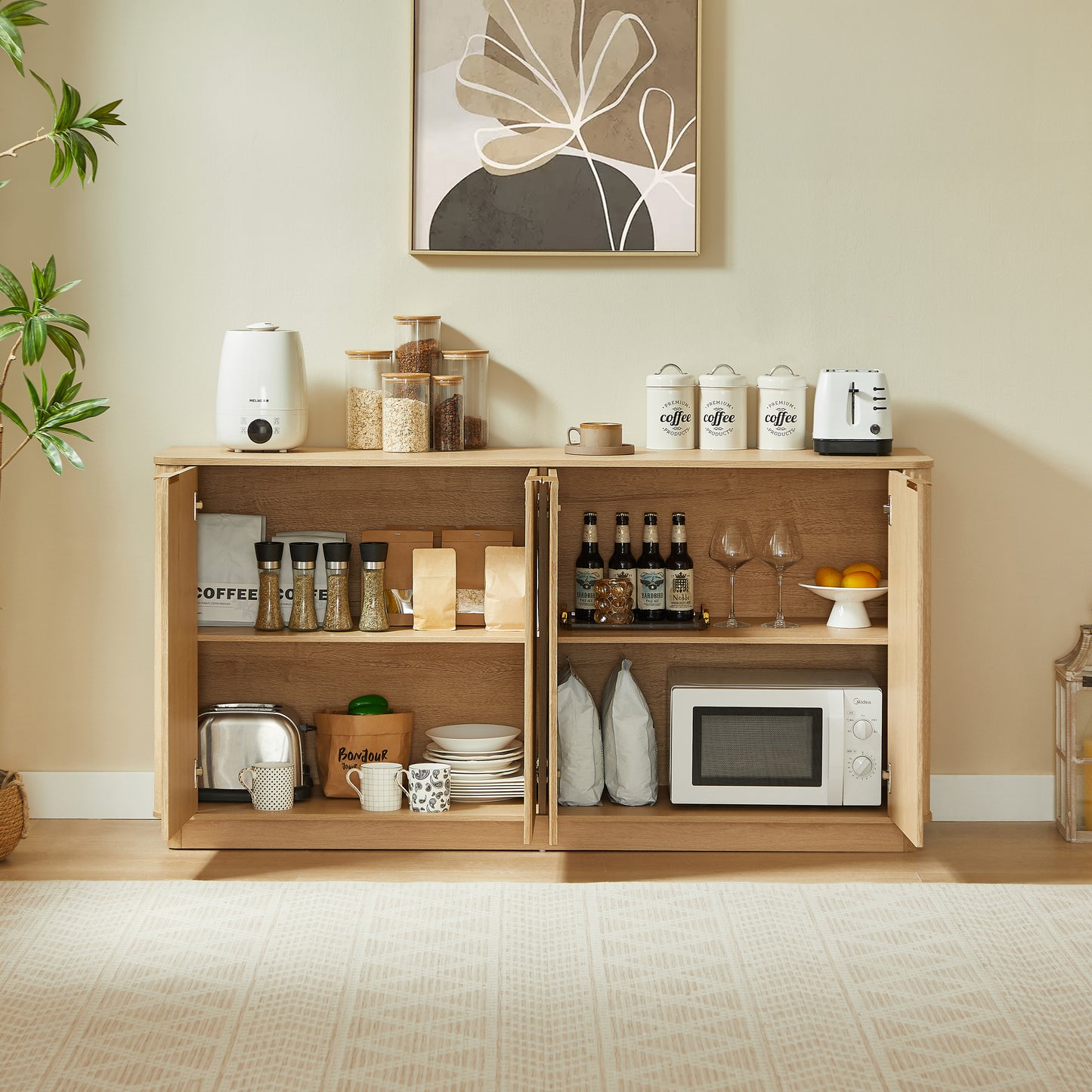 63  Vertical Stripe Buffet Cabinet Sideboard With Stoarge, Curved Wave Design, TV Stand, For Bedroom, Living Room, Hallway, Oak,63 W X 15.75 D X 31.5 H.