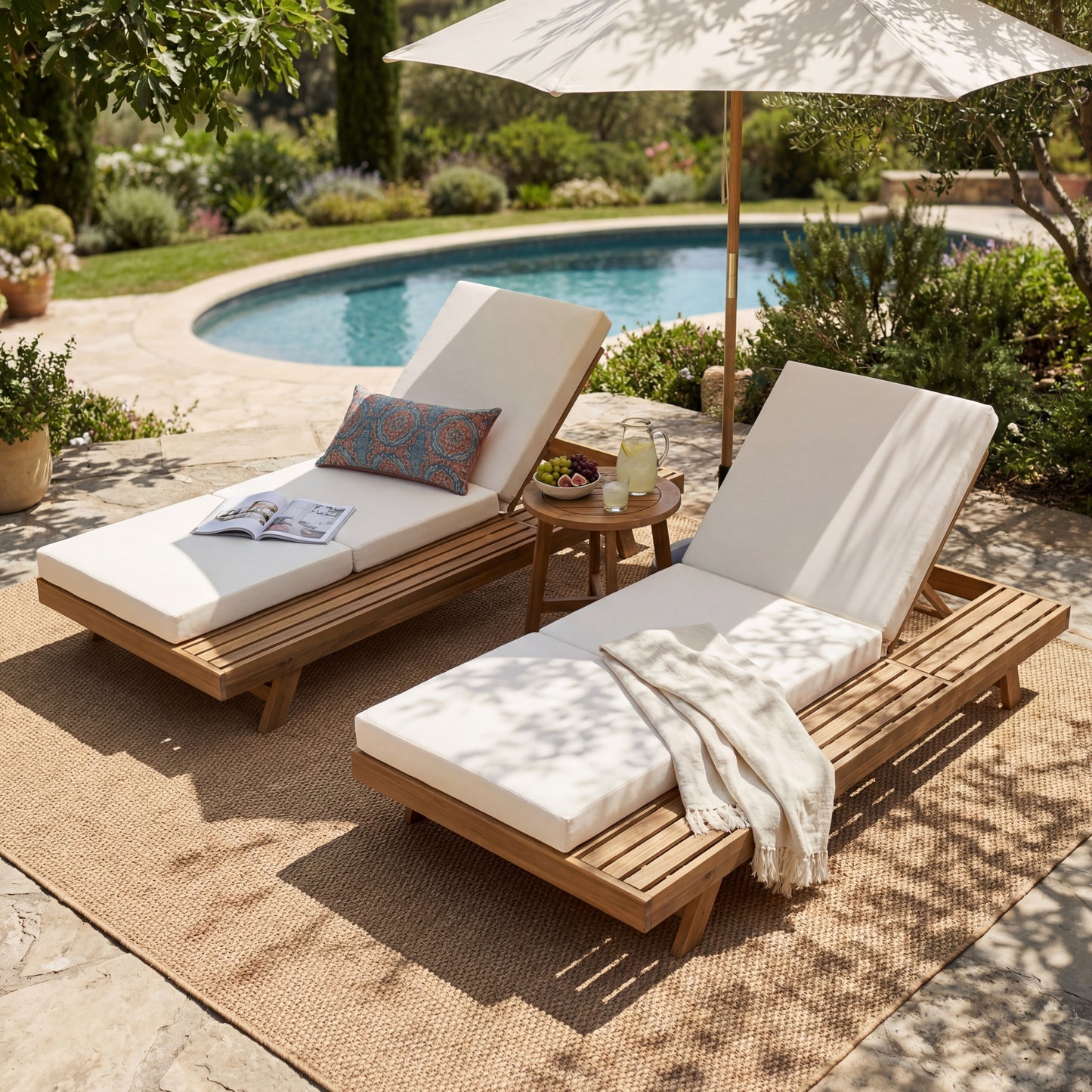 Lounge Chaise Set, Space Available On One Side, Acacia Solid Wood In Light Brown With Lounge Cushion  Cream & Triple Fold  -Matching Dark Grey Version Available