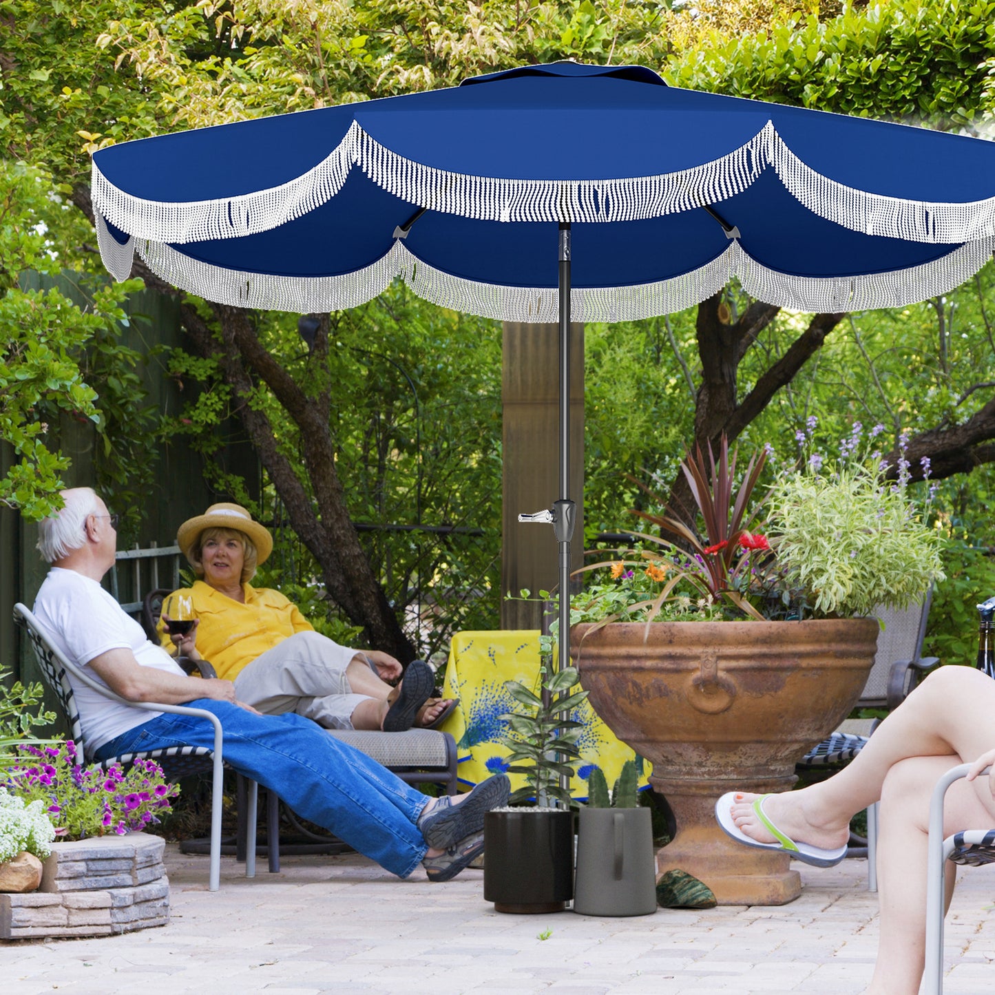 9FT Patio Umbrella, UPF 30+ Outdoor Market Umbrella With Crank, 8 Ribs, Push Button Tilt, Vented Patio Table Umbrella For Deck Backyard Lawn, Navy Blue