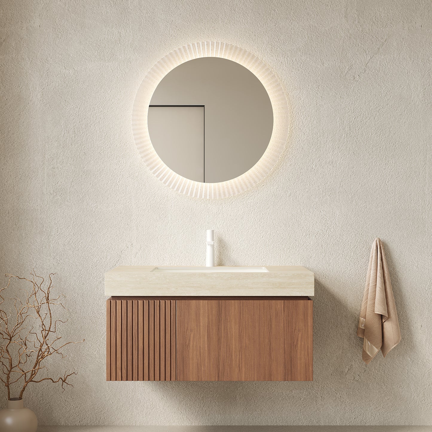 MURI 36 Bathroom Vanity&Sink, Floating Plywood Storage Cabinet With Drawer&Door, Roma Travertine Sintered Stone Top&Ceramic Basin With 1 Pre-drilled Faucet Hole, Pre-assembled, Brown Oak Woodgrain