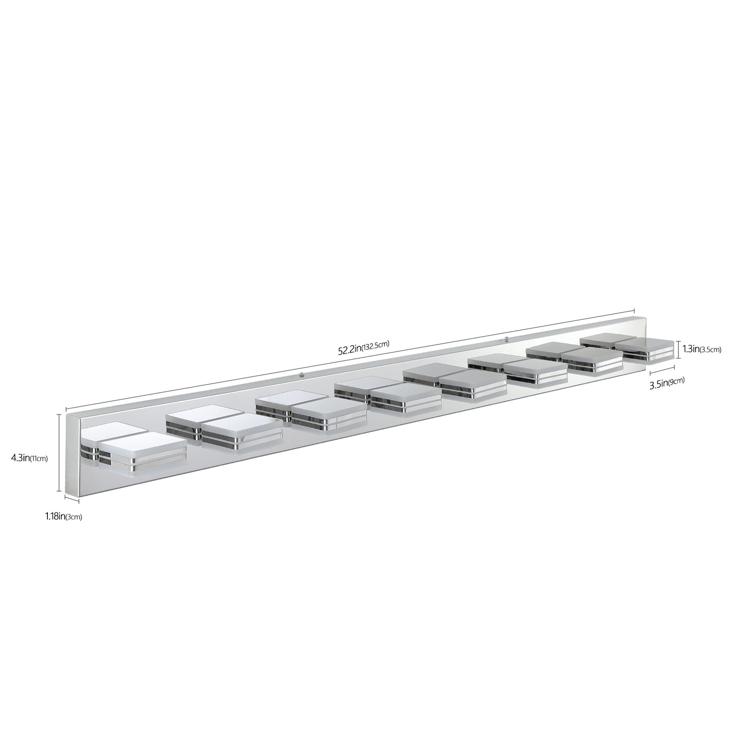 52  Modern Chrome 8-Light LED Vanity Light, Square Acrylic Lampshades Wall Mount Fixture For Bathroom, Mirror Lighting