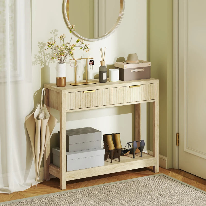 Console Table With Storage, Narrow Entryway Table With Fluted Panel Drawers And Shelf For Hallway, Natural