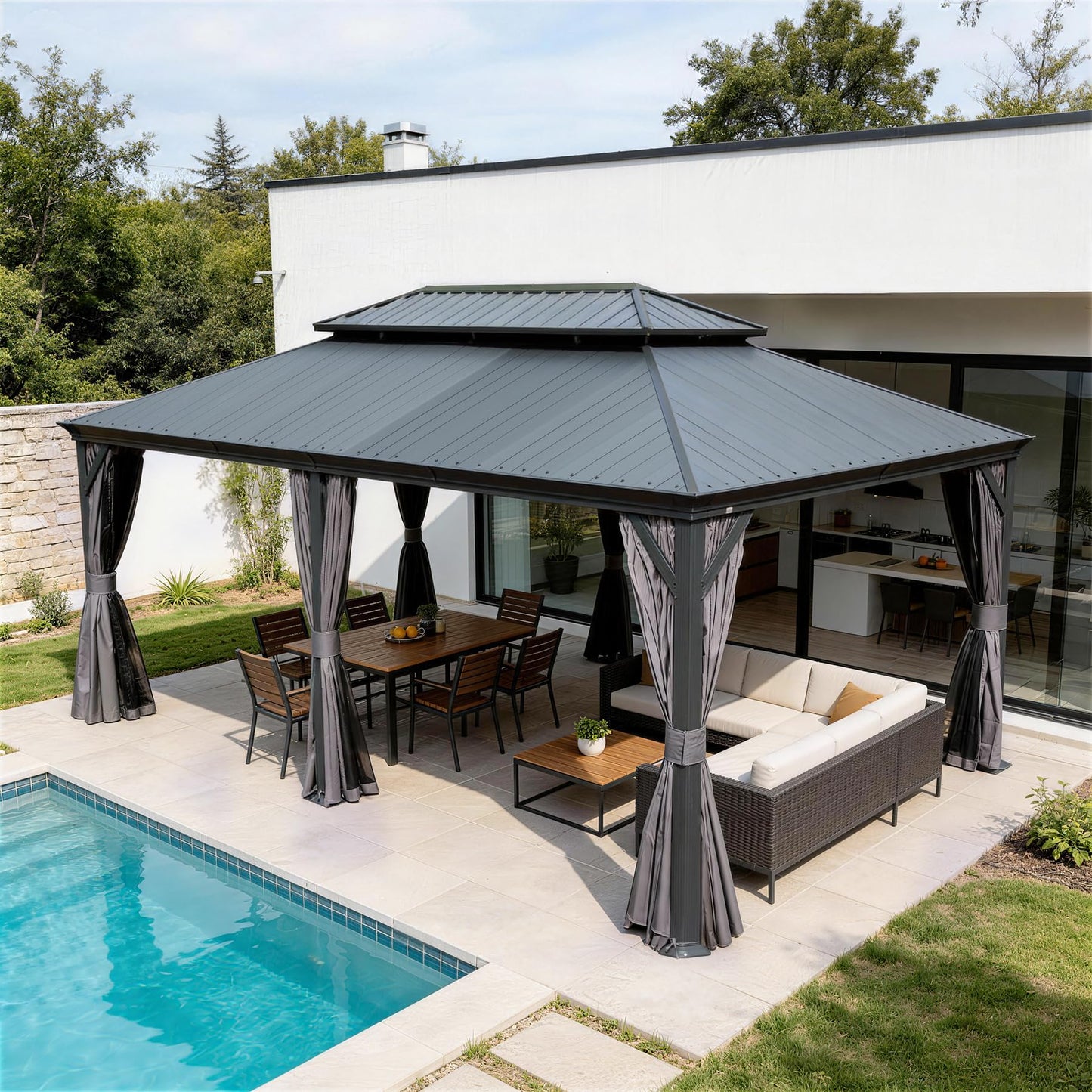 14  X22   Hardtop Gazebo With Resin Roof, Outdoor Metal Gazebo With Drainage Gutters, Permanent Heavy Duty Pavilion For Patio, Backyard And Deck, Curtains And Mosquito Netting Included