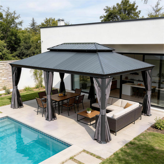 14  X22   Hardtop Gazebo With Resin Roof, Outdoor Metal Gazebo With Drainage Gutters, Permanent Heavy Duty Pavilion For Patio, Backyard And Deck, Curtains And Mosquito Netting Included