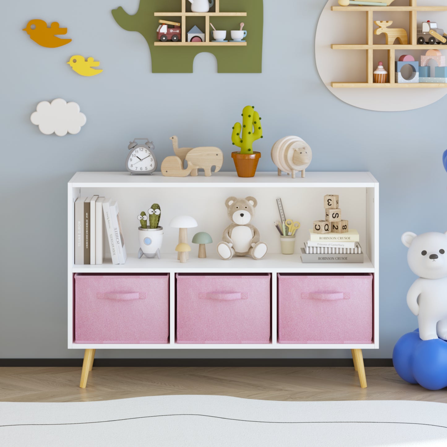 Kids Bookcase With Collapsible Fabric Drawers, Children's Book Display, Toy Storage Cabinet Organizer, White Pink