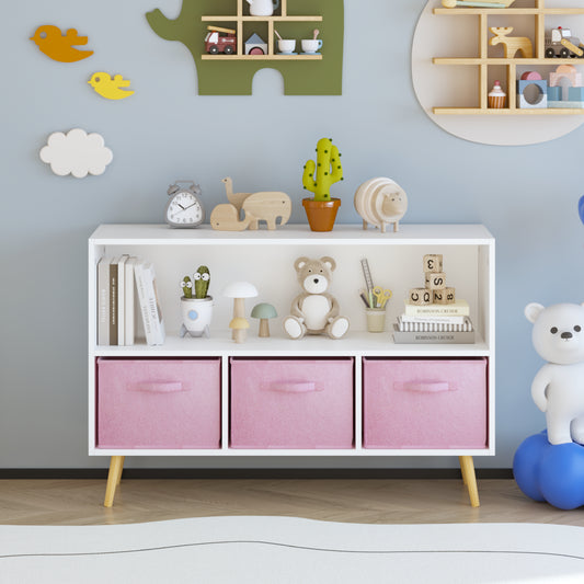 Kids Bookcase With Collapsible Fabric Drawers, Children's Book Display, Toy Storage Cabinet Organizer, White Pink
