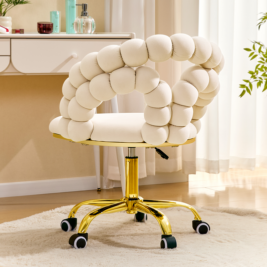 Modern Velvet Adjustable Swivel Desk Chair With Bubble Back, Upholstered Vanity Chair With Gold Metal Base, Rolling Office Chair For Home Office, Bedroom, Makeup Room, Beige  Set Of 1