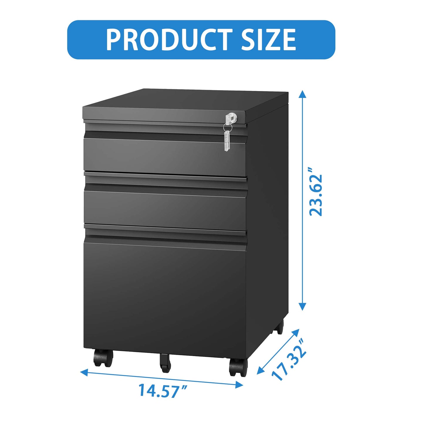 3 Drawer Mobile File Cabinet With Lock,Metal Filing Cabinets For Home Office Organizer Letters Legal A4,Fully Assembled Except Wheels ,Black