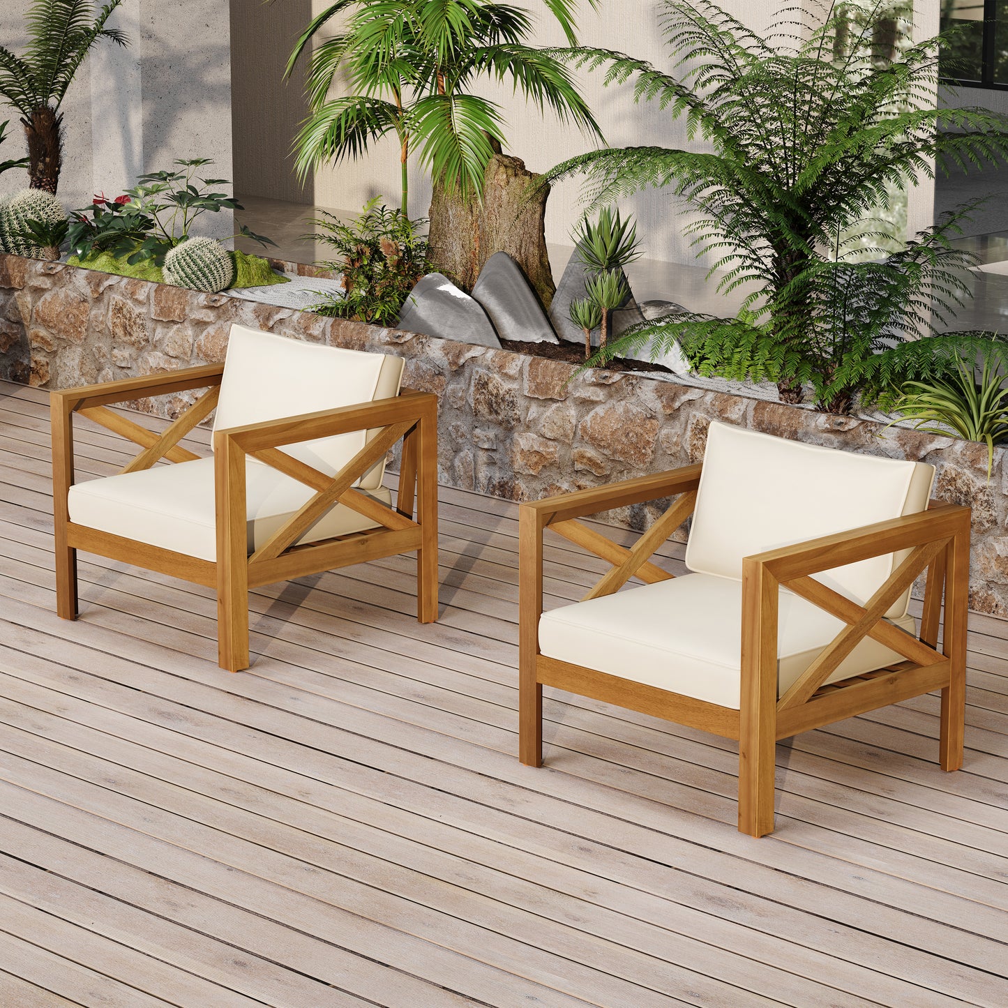 Outdoor Acacia Wood Club Wooden Armchair With Cushions  Set Of 2 , Conversation Set,Teak Finish,Beige Cushion