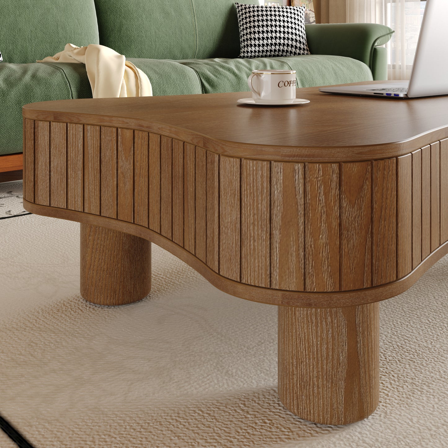 Lift Top Coffee Table For Living Room 42- Fluted Panel Hidden Storage, Silent Hydraulic Lift, Curved Safety Corners, 5 Min Assembly 27W X 13-18.9H,Walnut