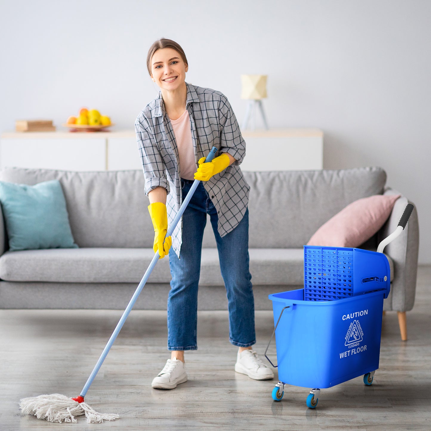 Compact Mop Bucket With Wringer, Mop Bucket On Wheels For Floor Cleaning, 21 Quart, Separate Dirty And Clean Water, Blue