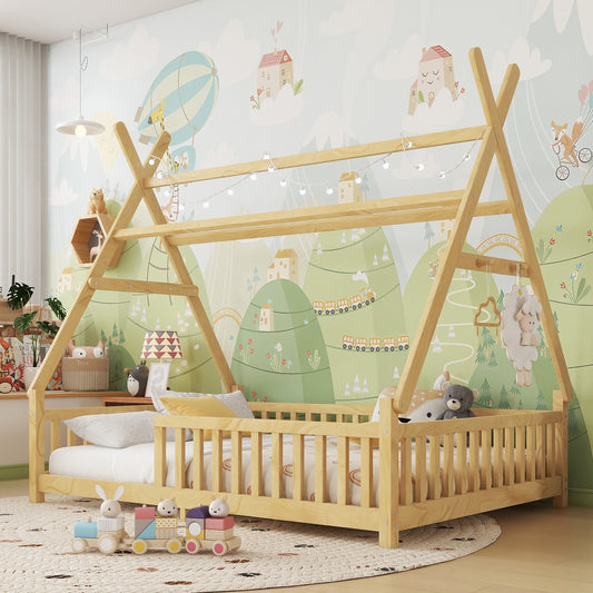 Full House Bed With Light, Low Floor House Bed With Fence And Roof For Kids Boys Girls,Natural