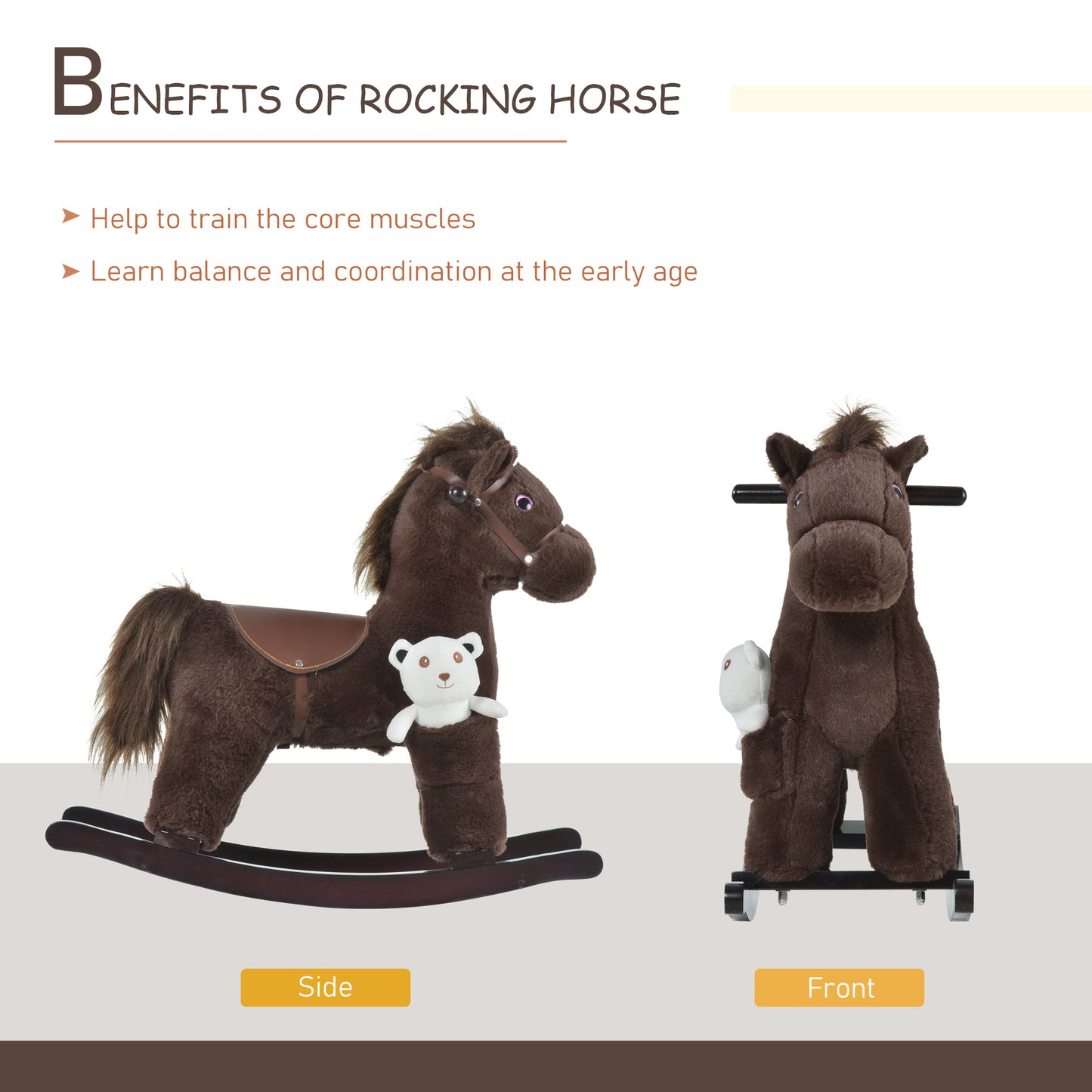 Kids Plush Ride-On Rocking Horse With Bear Toy, Children Chair With Soft Plush Toy & Fun Realistic Sounds, Brown