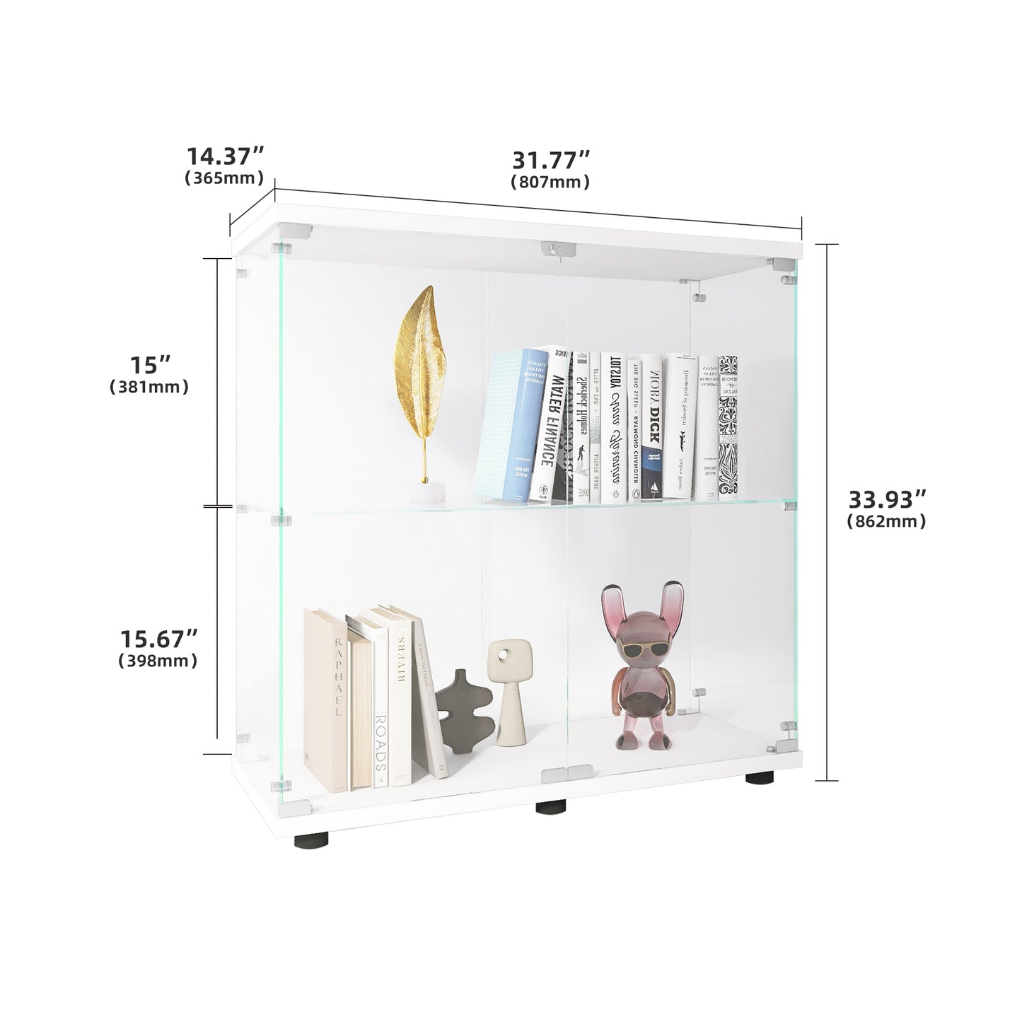 Two-door Glass Display Cabinet 2 Shelves With Door, Floor Standing Curio Bookshelf For Living Room Bedroom Office, 33.35x31.69 X14.37 ,White