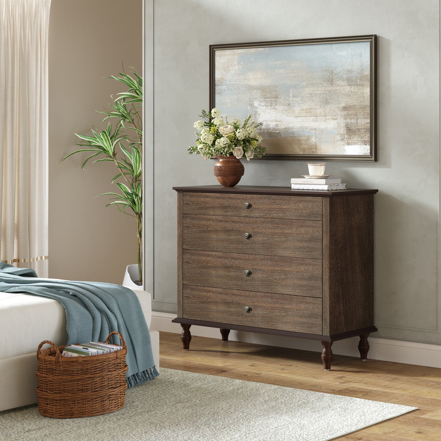 Large 4-Drawer Chest With Solid Wood Foot, Dresser With Brushed Deep Brown Finish & Metal Drawer Knobs, Antique Design For Bedroom & Nursery