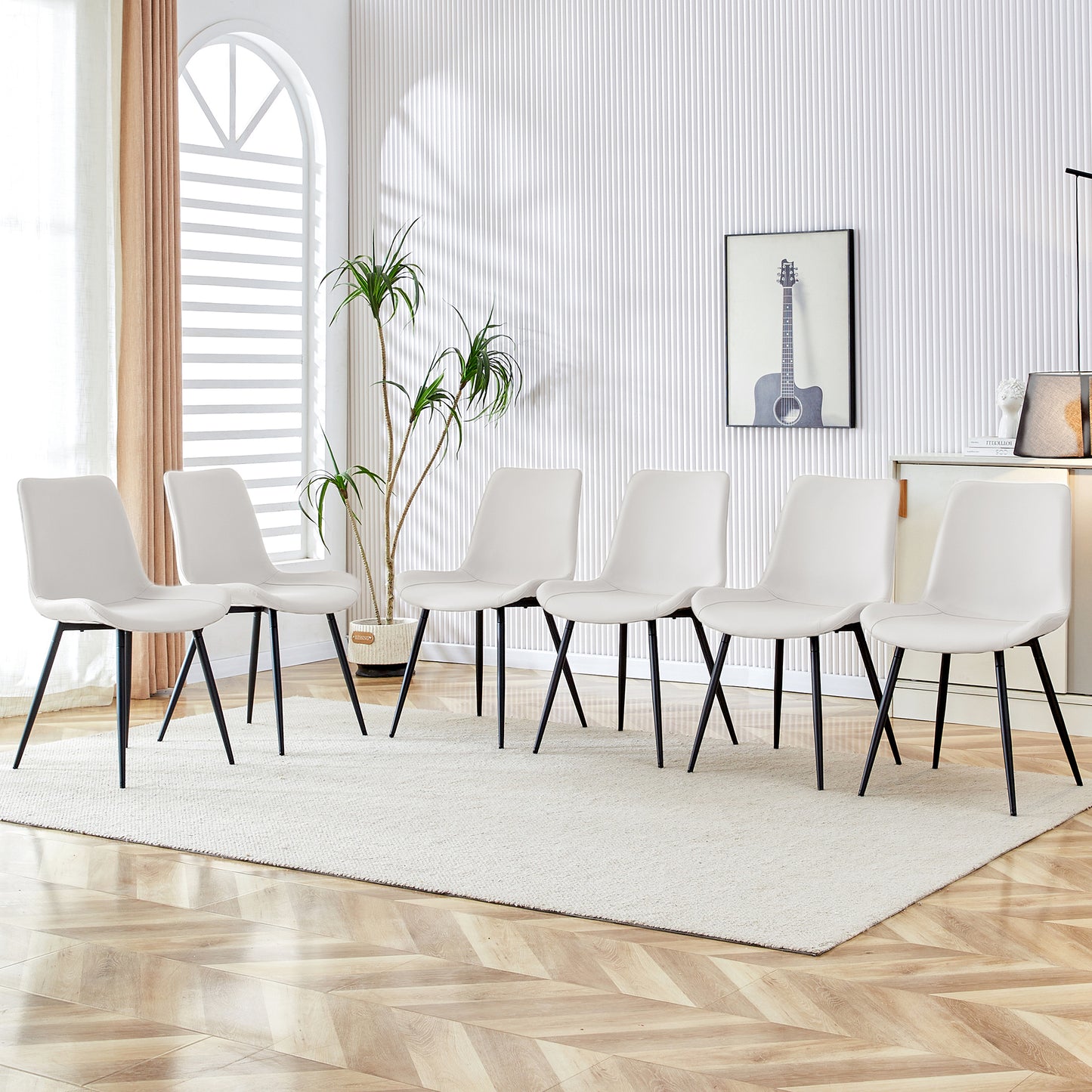 White Artificial Leather Backrest Cushion Dining Chair, Black Metal Legs, Curved Widened Cushion Design For More Comfort, Suitable For Restaurants, Kitchens, Bedrooms, Offices. 6 Chairs  0502