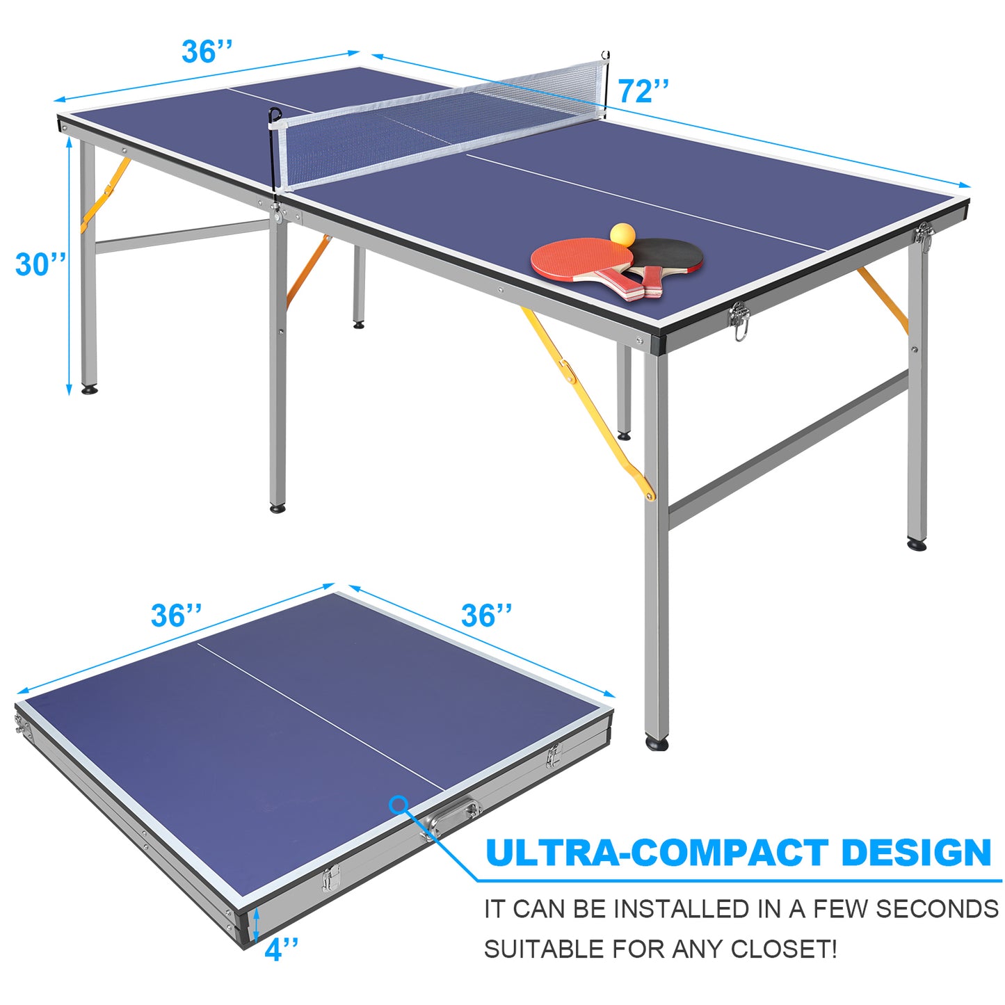 6ft Blue Mid-Size Table Tennis Table Foldable & Portable Ping Pong Table Set For Indoor & Outdoor Games With Net, 2 Table Tennis Paddles And 3 Balls