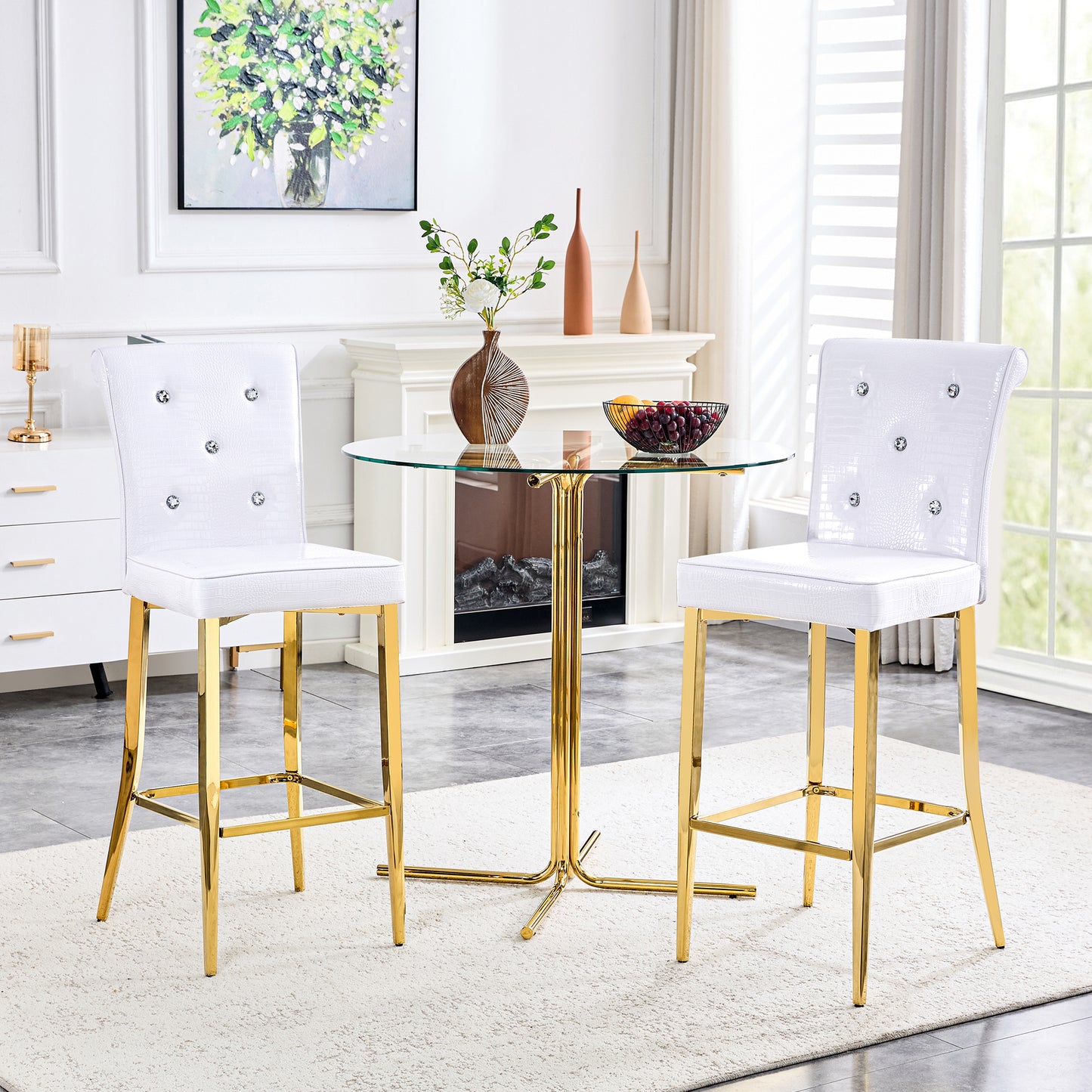 A Set Of 2 White And Gold Vintage Crocodile Leather Bar Chairs, Featuring Crystal Clasp Design And Synthetic Leather Design, Adding A Touch Of Elegance And Mystery To The Dining Area