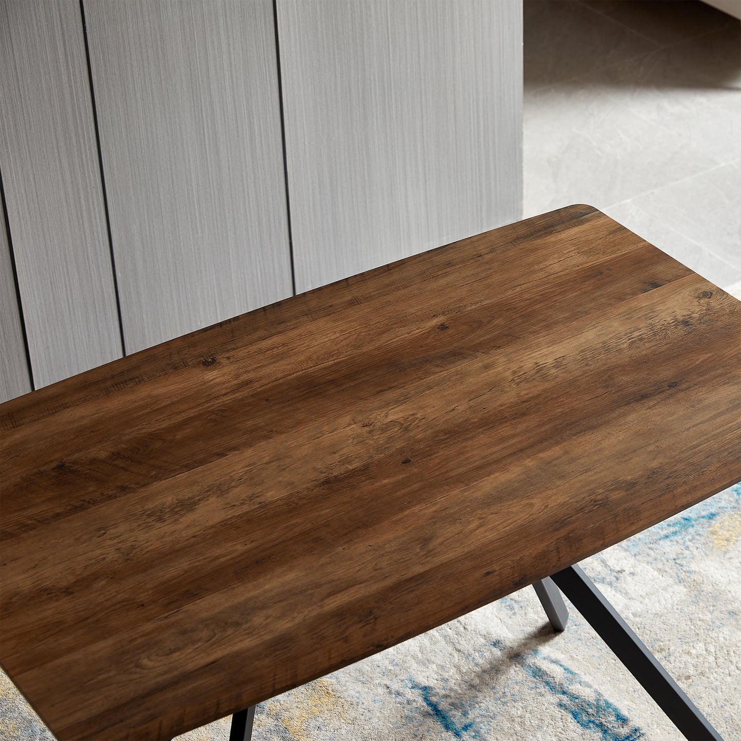 Modern Minimalist Style Dining Table MDF Wooden Top Black Metal Shelf Metal Heat Transfer Legs Leveling Feet For Dining Room Kitchen Office Table