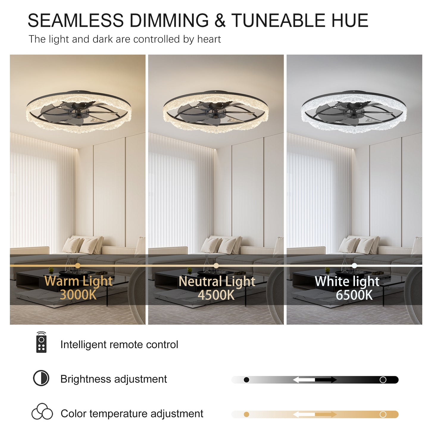 24 Decorative LED Ceiling Fan Light  Modern Flush Mount With Acrylic Ring, Hidden Blades, Remote Control, And Dimmable Light For Stylish Homes  Black