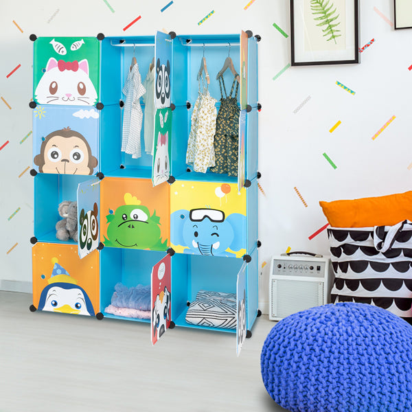4-layer 12-compartment 2-hanging-bar Modular Wardrobe With Plastic And Steel Wire Materials Featuring Animal Patterns. The Door Has A Floral Design And The Cabinet Body Is Blue.