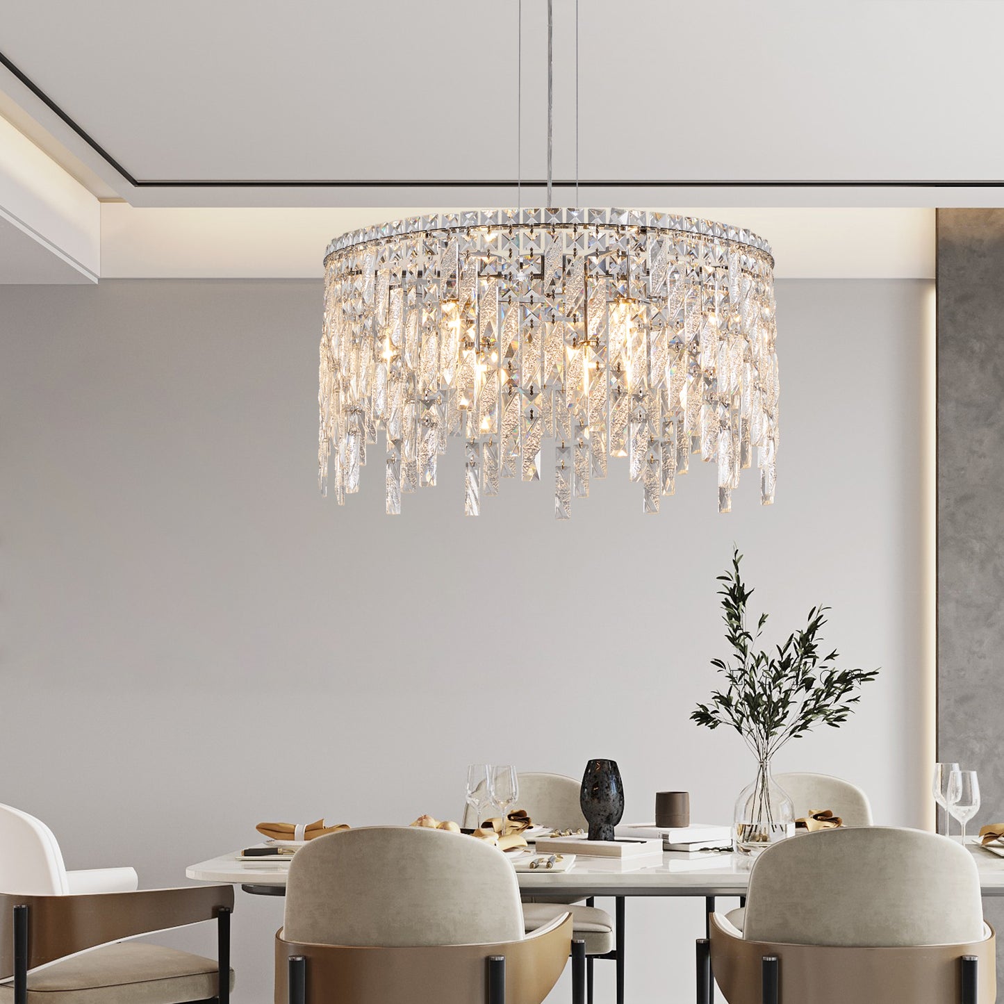 L5024-600-C 24 Luxurious Round Silver Crystal Chandelier, Contemporary Rectangular Pendant Light For Dining Room, Living Room, And Grand Foyers Bulbs Not Included