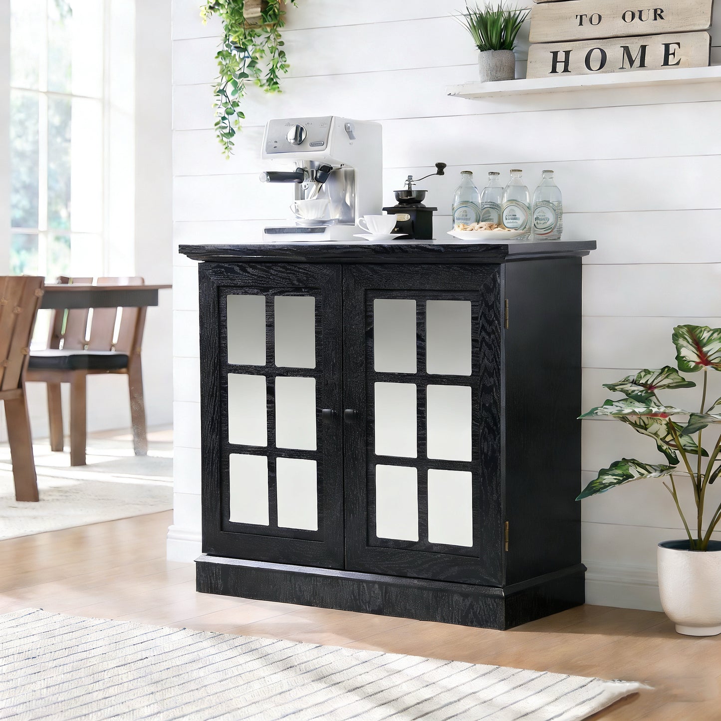 Storage Sideboard Cabinet With 2 Decorative Acrylic Mirrored Doors, Adjustable Shelf For Dining Room, Living Room, Kitchen, Metal Handles, MDF With Black 3D Wood Grain Foil Paper Finish