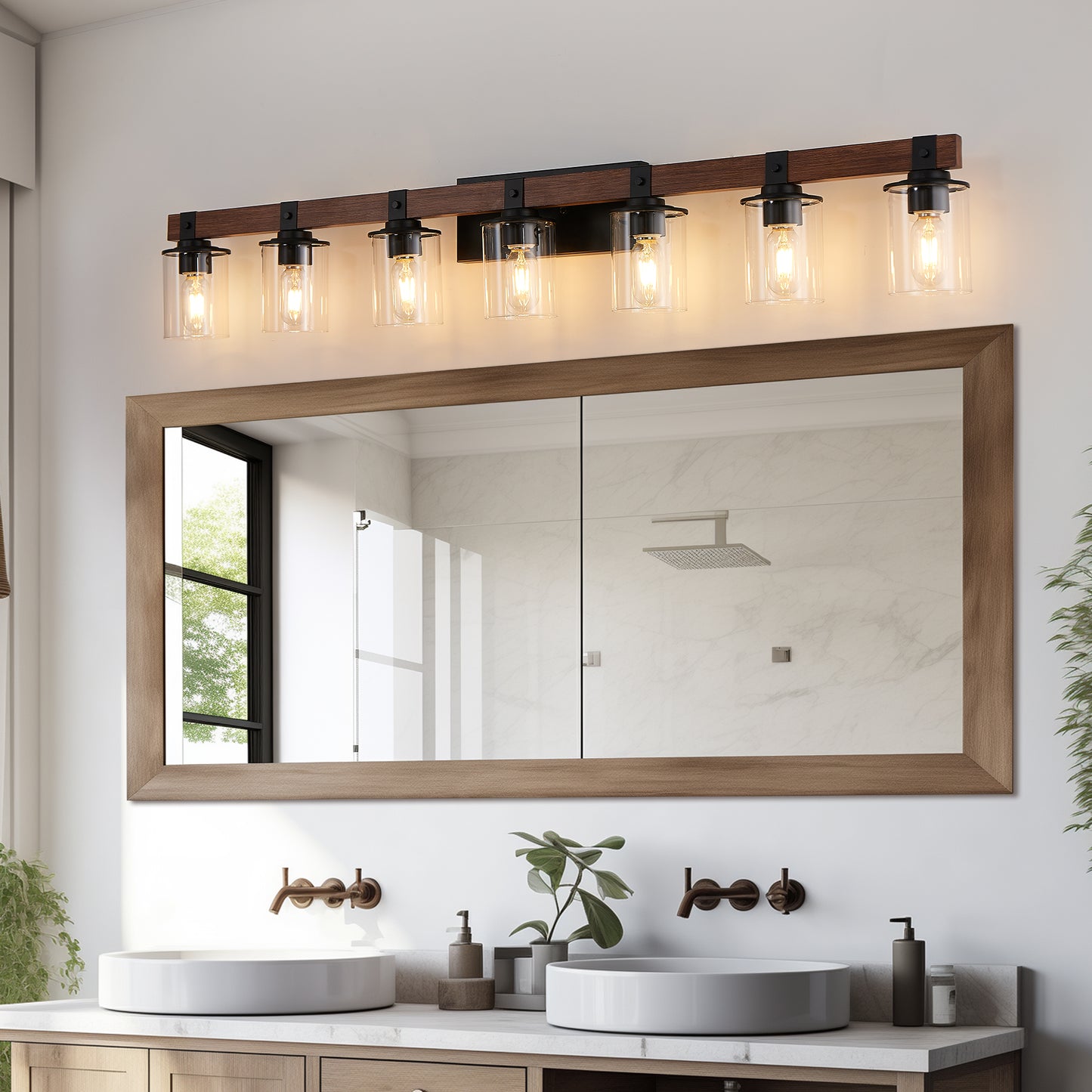 50in Rustic 7-Light Vanity Light, Industrial Bathroom Wall Sconce With Glass Shades And Wood Accent, Modern Farmhouse Lighting Fixture  No Bulbs