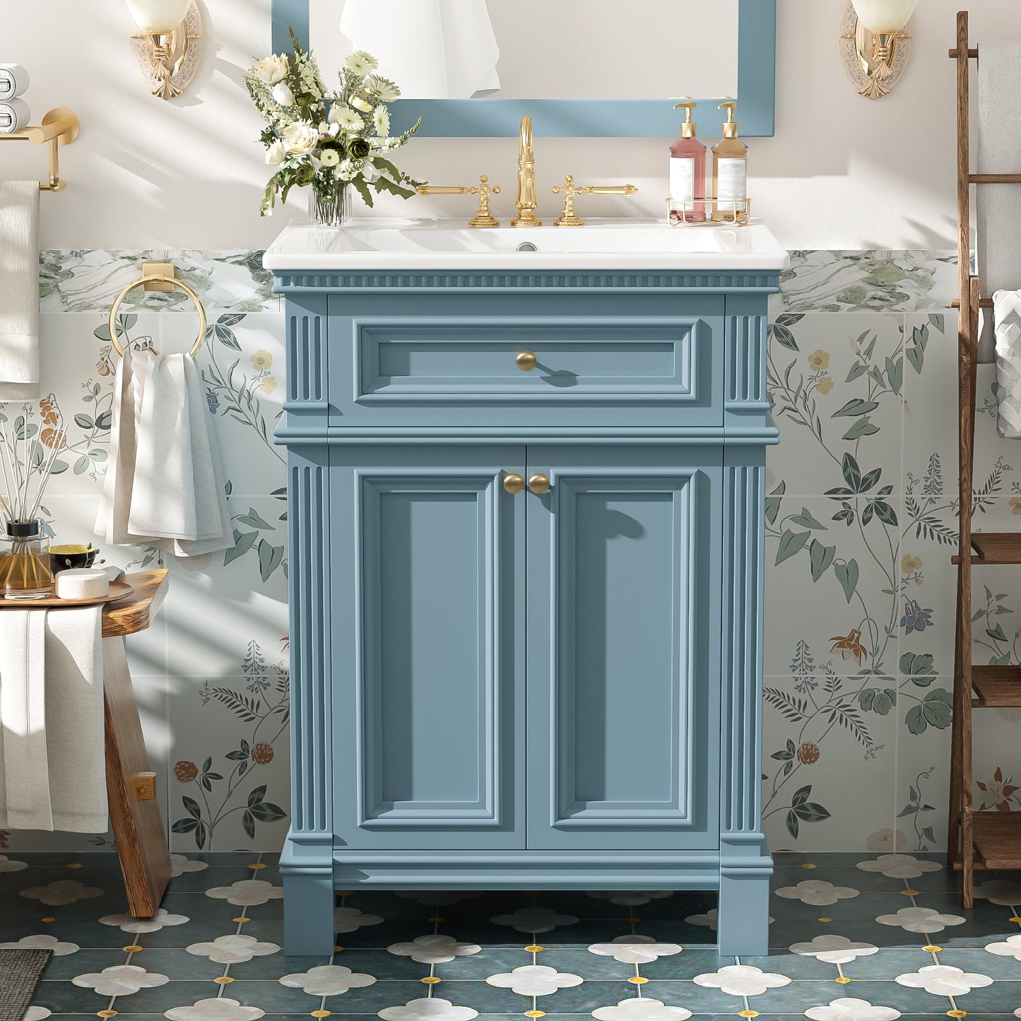 24   Vintage Elegance Bathroom Cabinet With Soft Closing Doors And Adjustable Shelf, Bathroom Vanity With Ceramic Sink