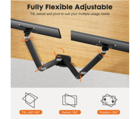 Dual Monitor Stand Arm, Gas Spring 2 Monitor Desk Mount Adjustable Height Swivel VESA Bracket With Clamp And Grommet Base Fits 13-32 Inch