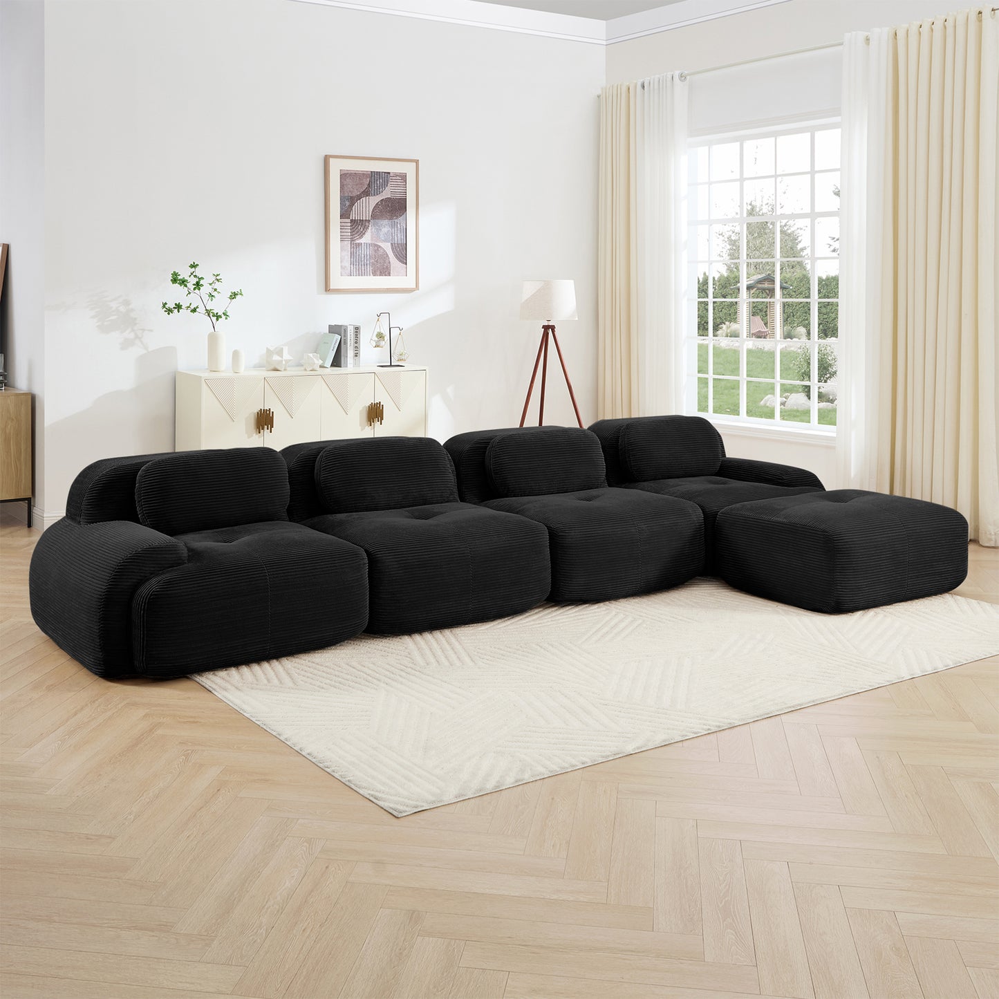 4-seat L-shaped Sofa 32D High-resilience Sponge Anti-slip Design Chaise Design Extra-wide Curved Armrests Multi-free Combination No Assembly For Studies Living Rooms Media Rooms,Black