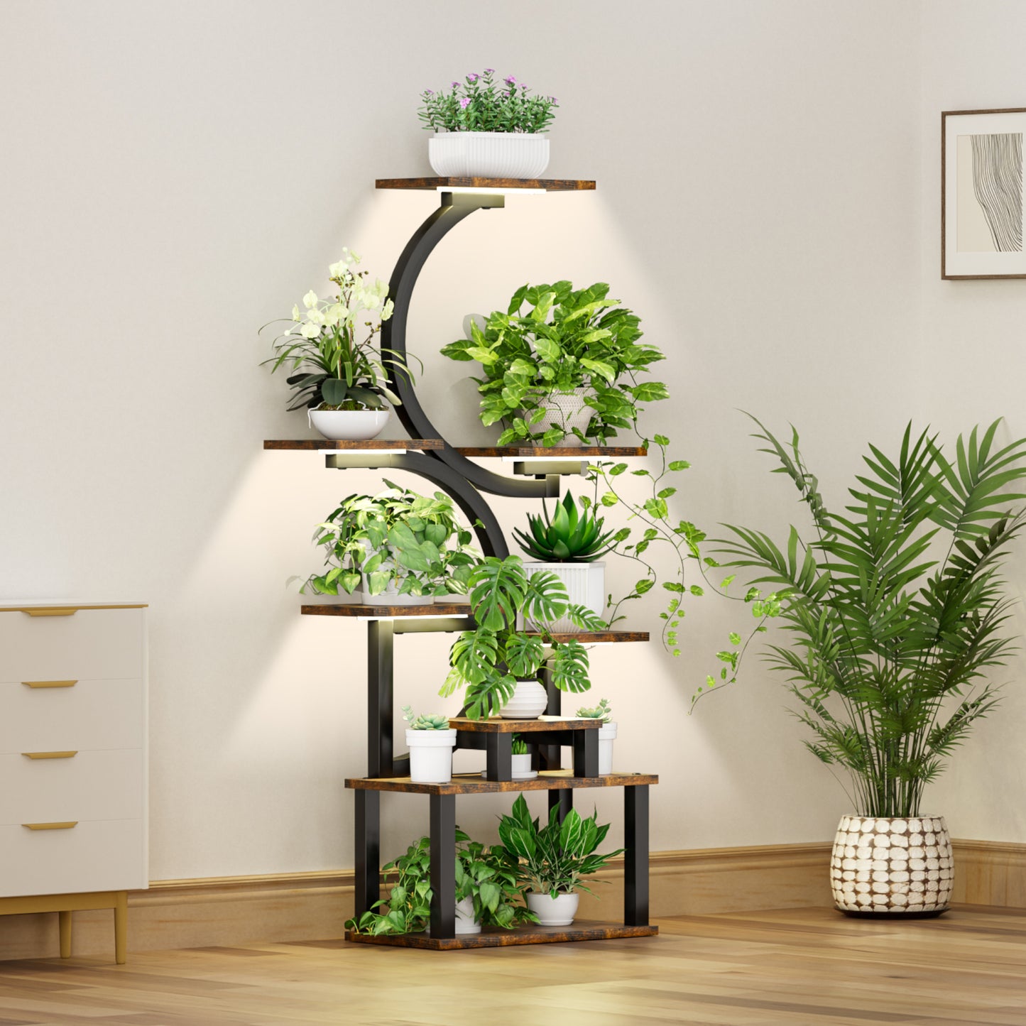 8-Tiered Indoor Plant Stand With 5 Grow Lights, 10-Level Stepless Dimming, Durable Thickened Metal Steel Pipe  0.8mm  For Living Room, Garden