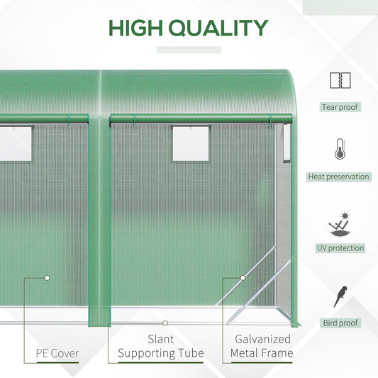 10' X 3' X 7' Walk-in Lean-to Greenhouse, Steel, 4 Zipper Roll-up Windows & 2 Doors, UV Protecting PE Cover For Growing Flowers, Vegetables, Tropical Plants, Saplings, Succulents, Green