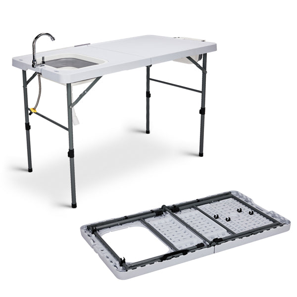 127x68.5x91.5 Cm, Can Be Folded. White. Outdoor Fish Killing Table. HDPE. Rectangular. With Folding Faucet. Folding Trash Can. Folding Sink. Storage Bag.