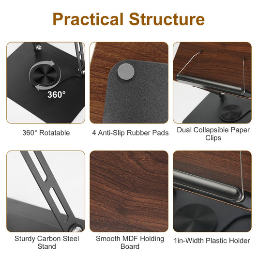 1Pc Book Stand For Reading Foldable Wood Book Holder Reading Rack Paper Stand With Adjustable Height 360 Degree Rotatable Base Dual Paper Clips For Book Sheet Music Laptop Drawing Tablet